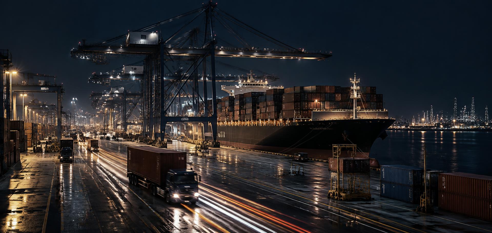 Industrial port terminal at night with container cranes