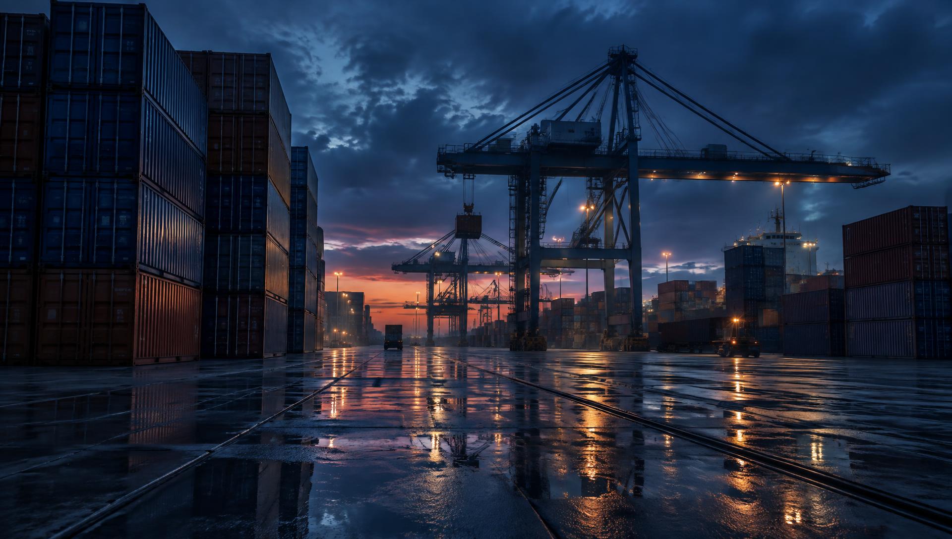 Container terminal at dusk with gantry cranes