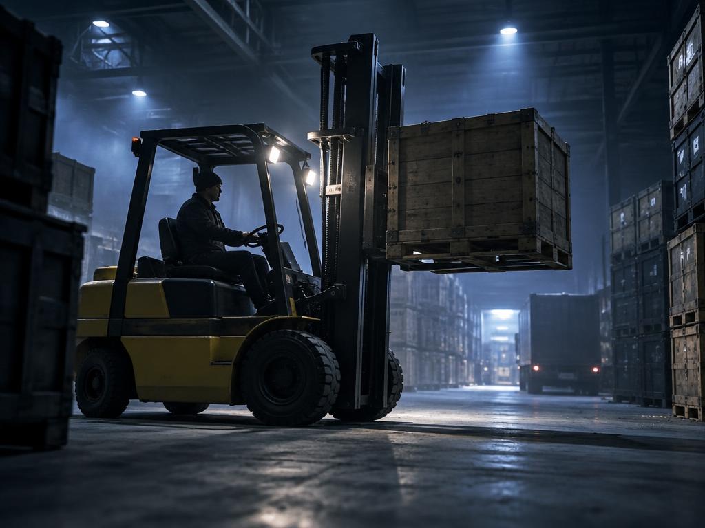 Forklift lifting a crate in a cargo depot
