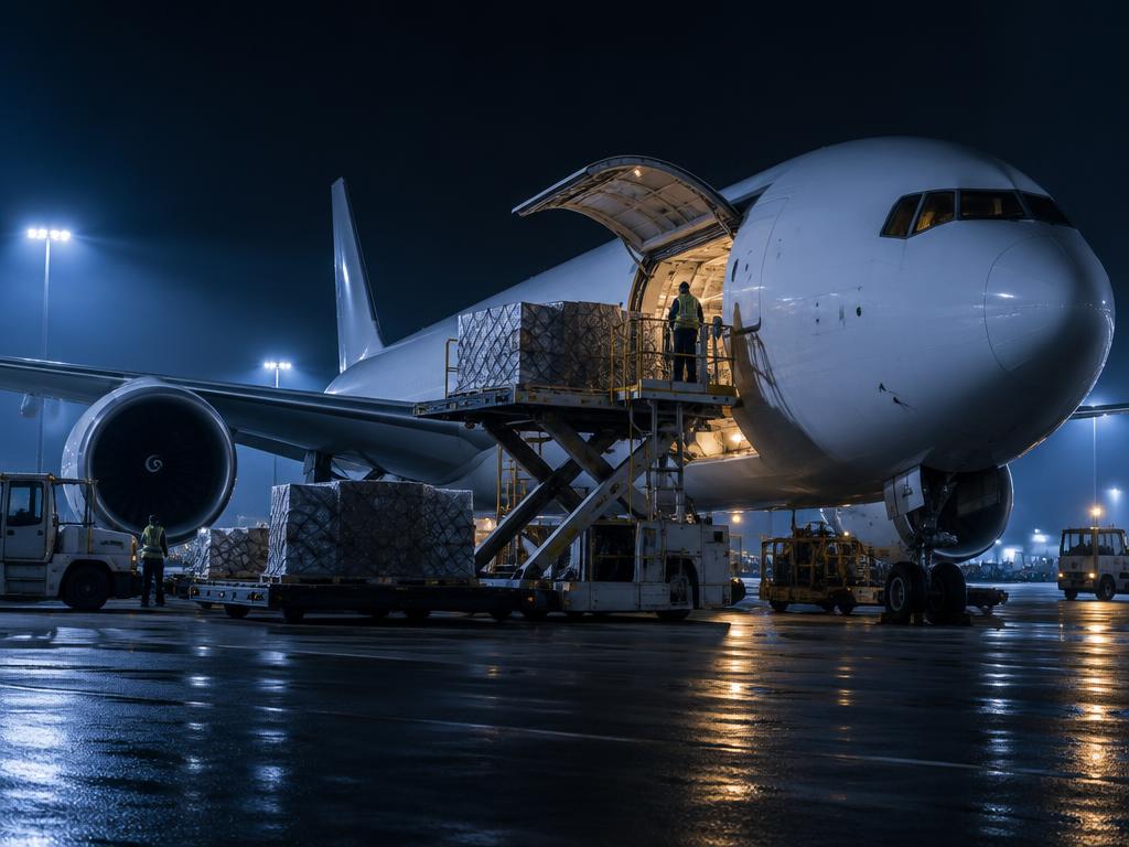 Cargo aircraft being loaded at night