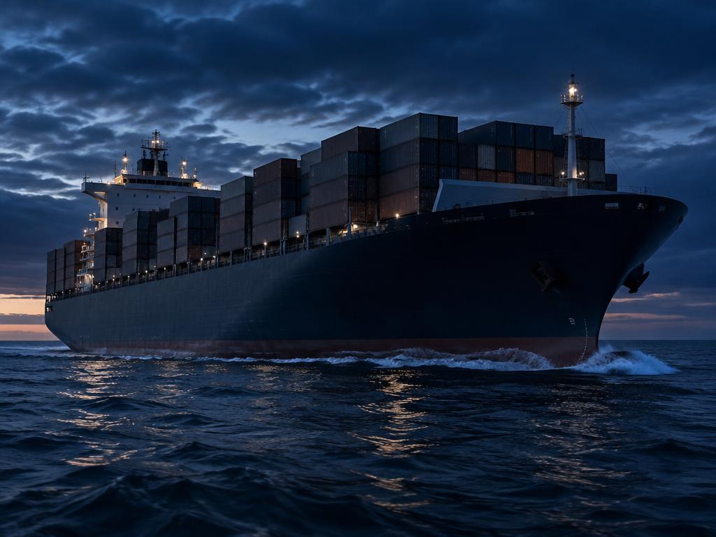 Container ship at sea in blue twilight