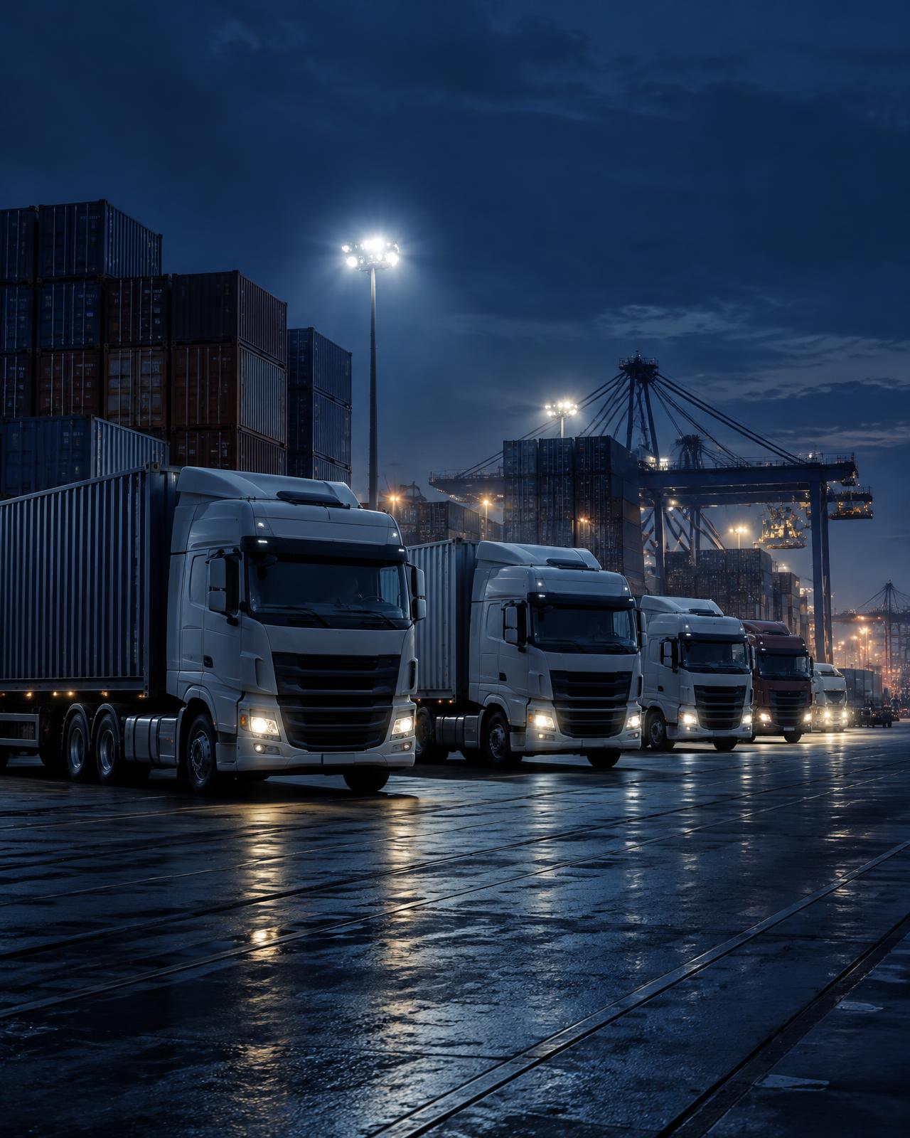 Fleet of freight trucks in a container yard at night